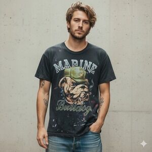 Vintage‎ 1989 Marine Bulldogs T Shirt Graphic Mens Large Black Distressed 80s